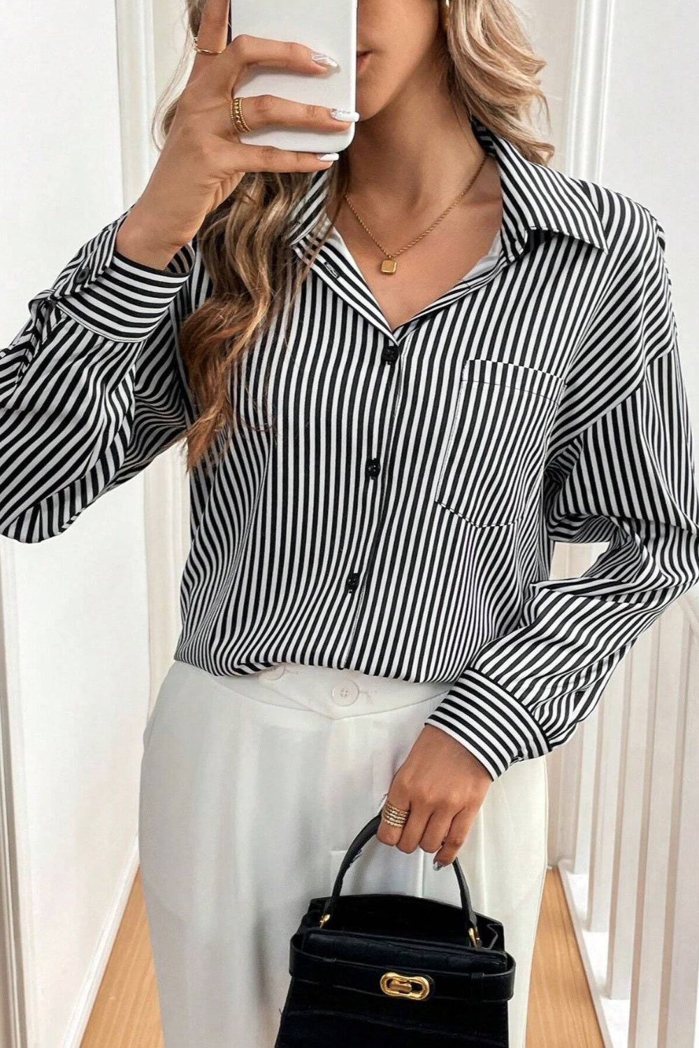 Cutout Bow Back Striped Collared Neck Long Sleeve Shirt