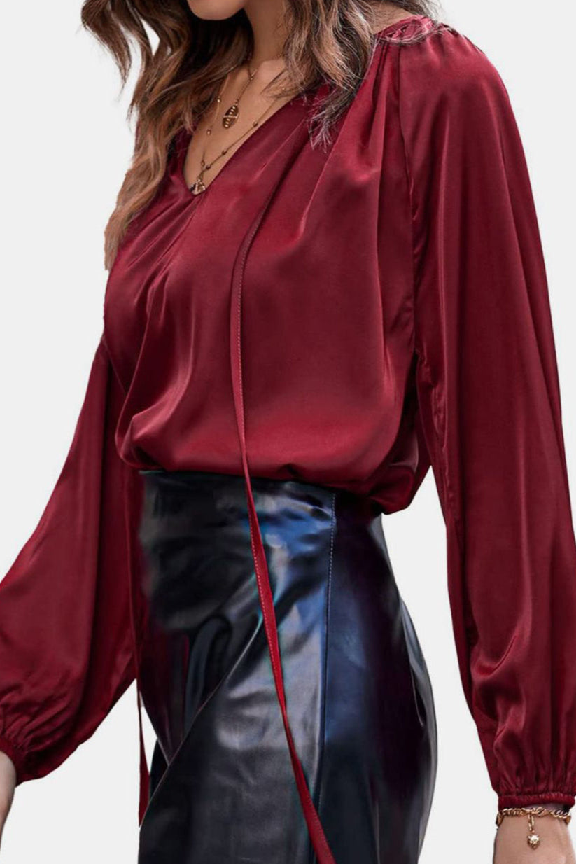 Ruched Tie Neck Balloon Sleeve Blouse