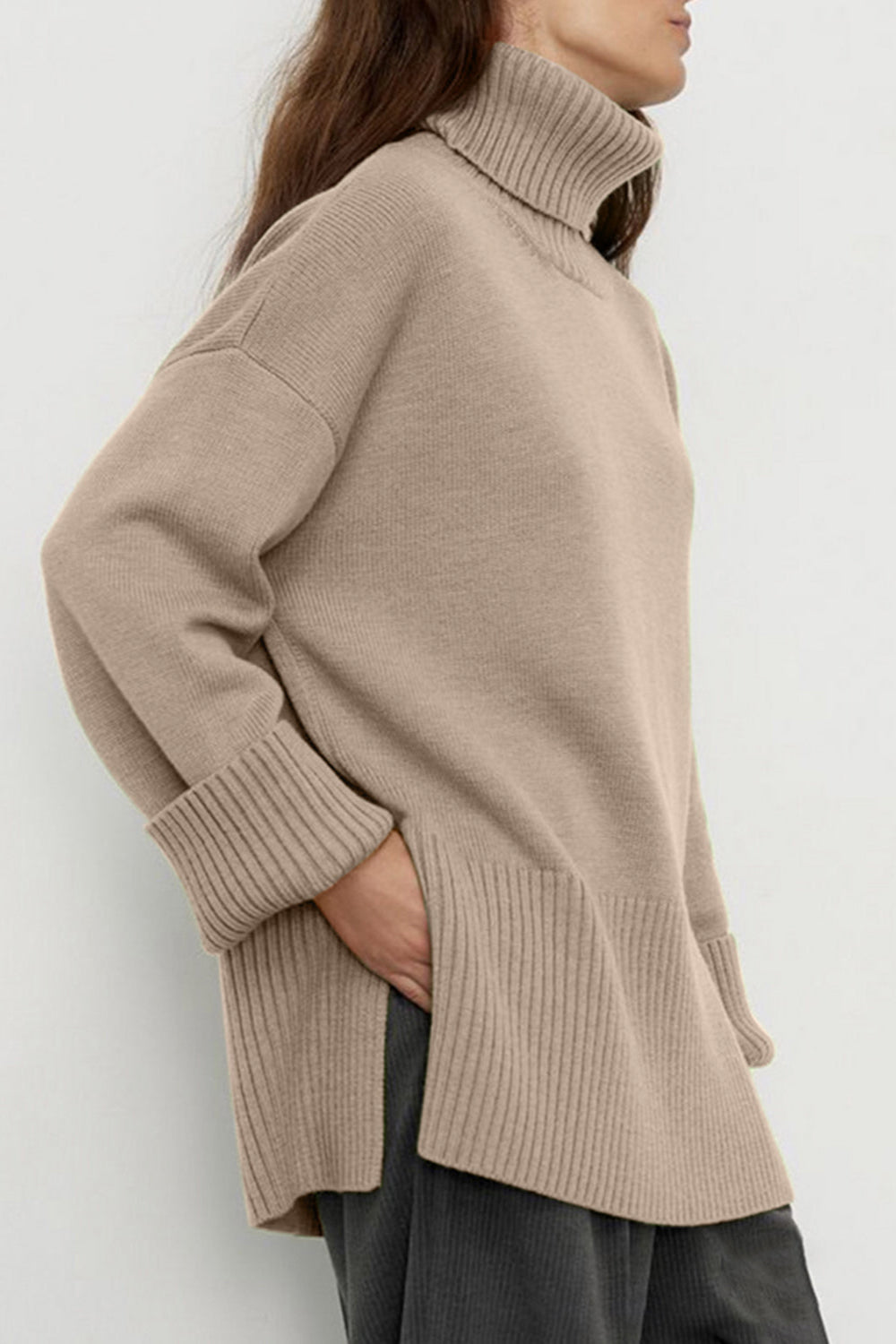 Side Slit Turtleneck Drop Shoulder Sweater