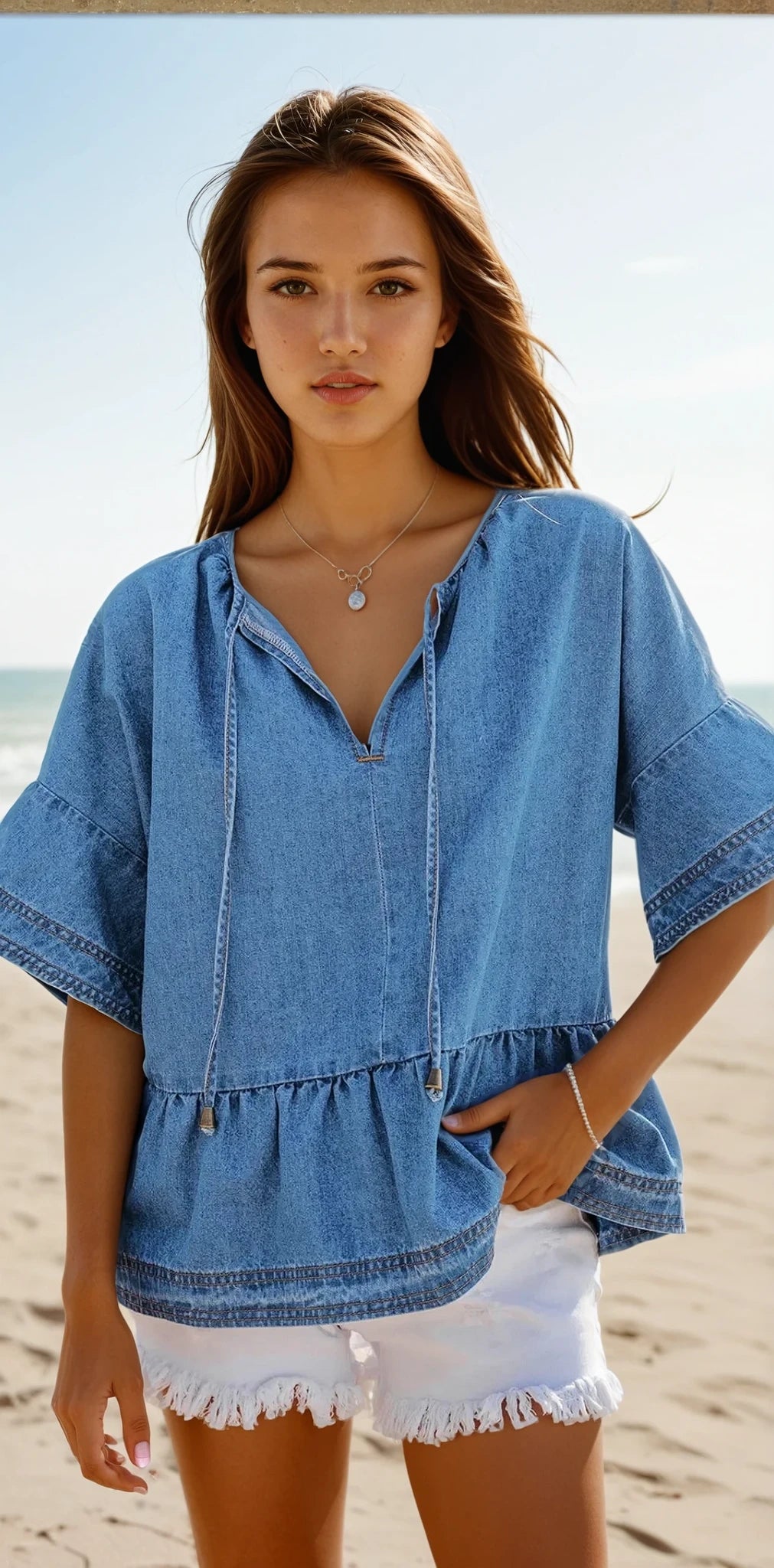 Tie Neck Ruffled Half Sleeve Denim Top