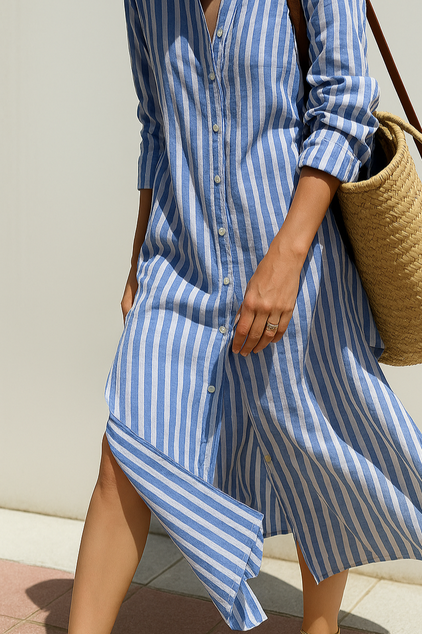 Tied Button Up Three-Quarter Sleeve Dress