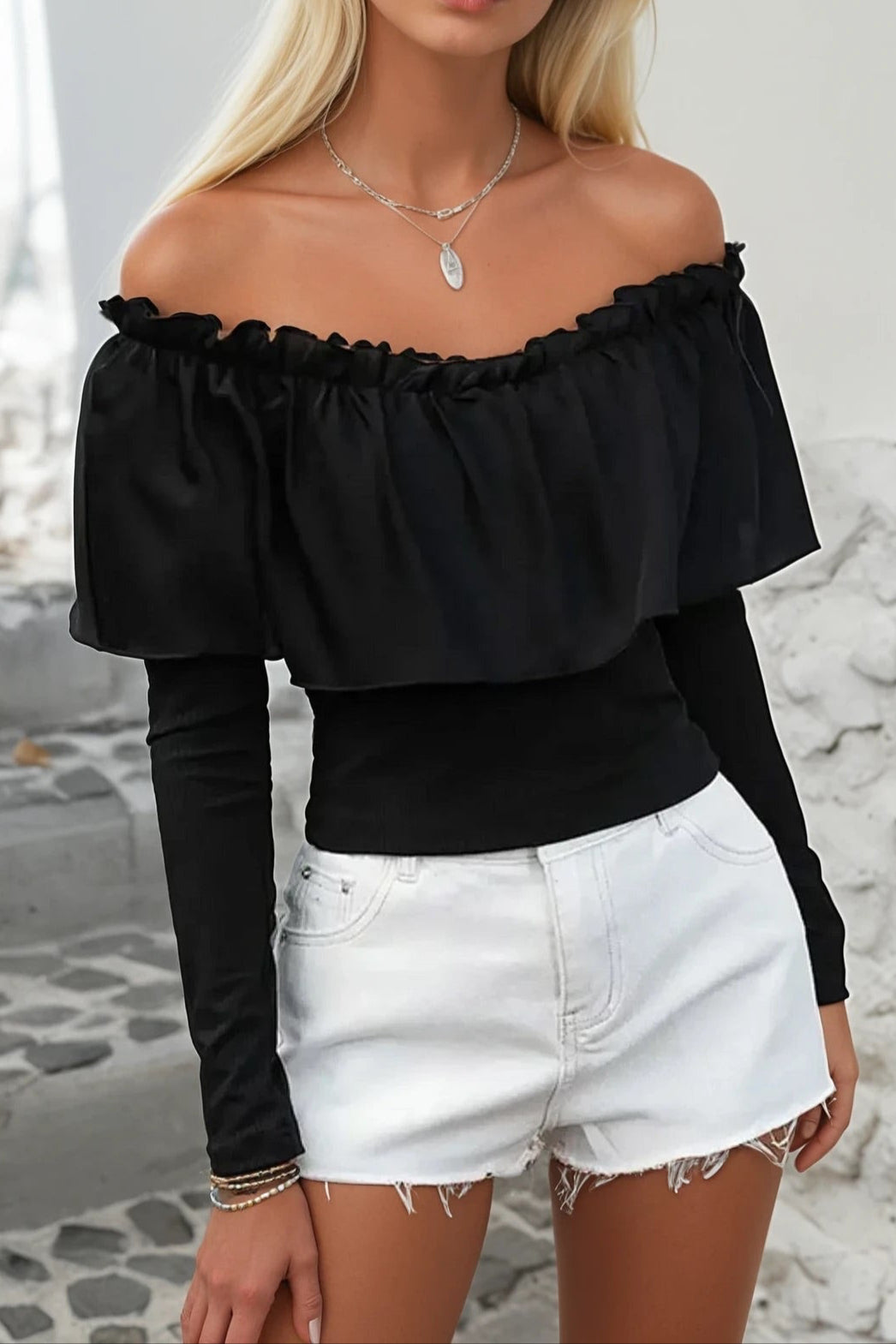 Ruffled Off-Shoulder Long Sleeve Blouse