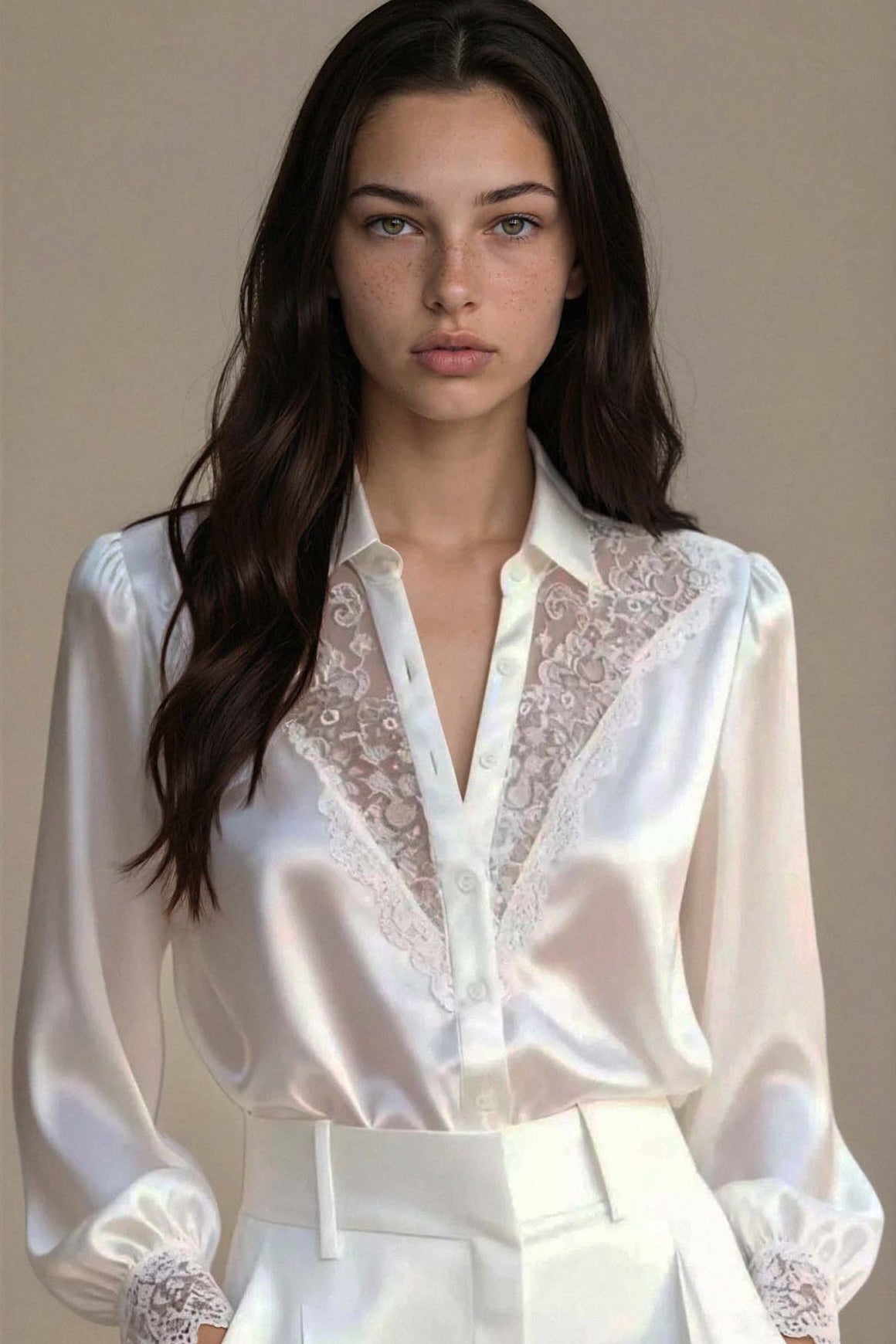 Woman wearing a white blouse with lace details against a neutral background