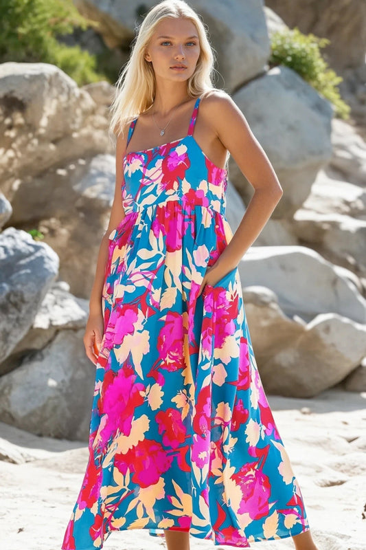 Floral Square Neck Cami Dress with Pockets
