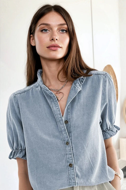 Ruffle Short Puff Sleeve Button Down Denim Shirt