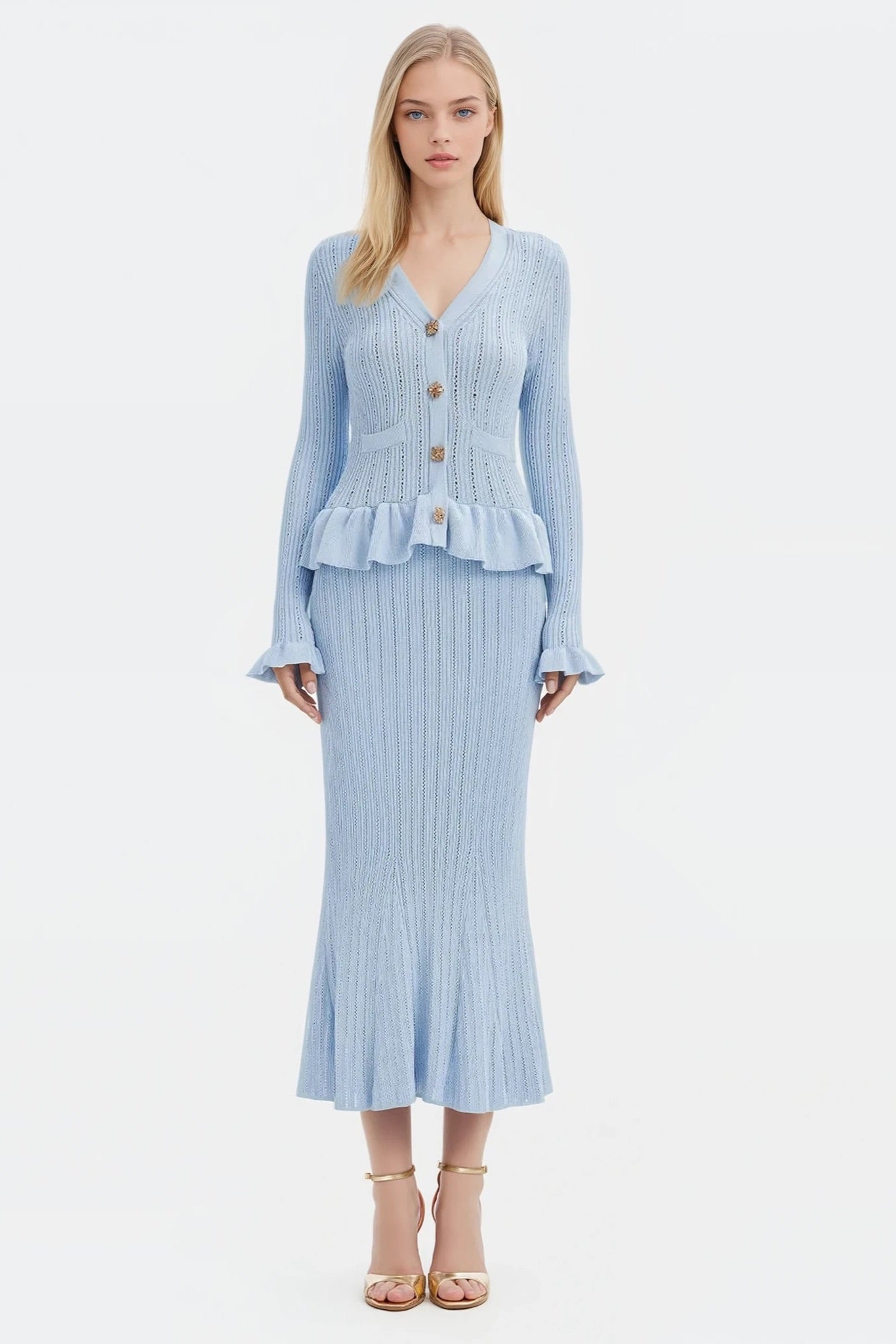 Ruffled V-Neck Top and Midi Skirt Sweater Set