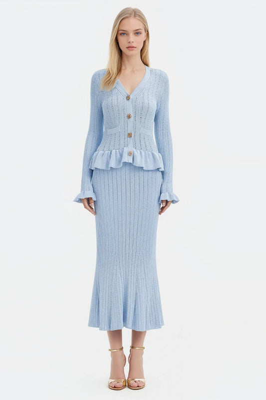 Ruffled V-Neck Top and Midi Skirt Sweater Set