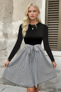 Tied Striped Round Neck Long Sleeve  Dress