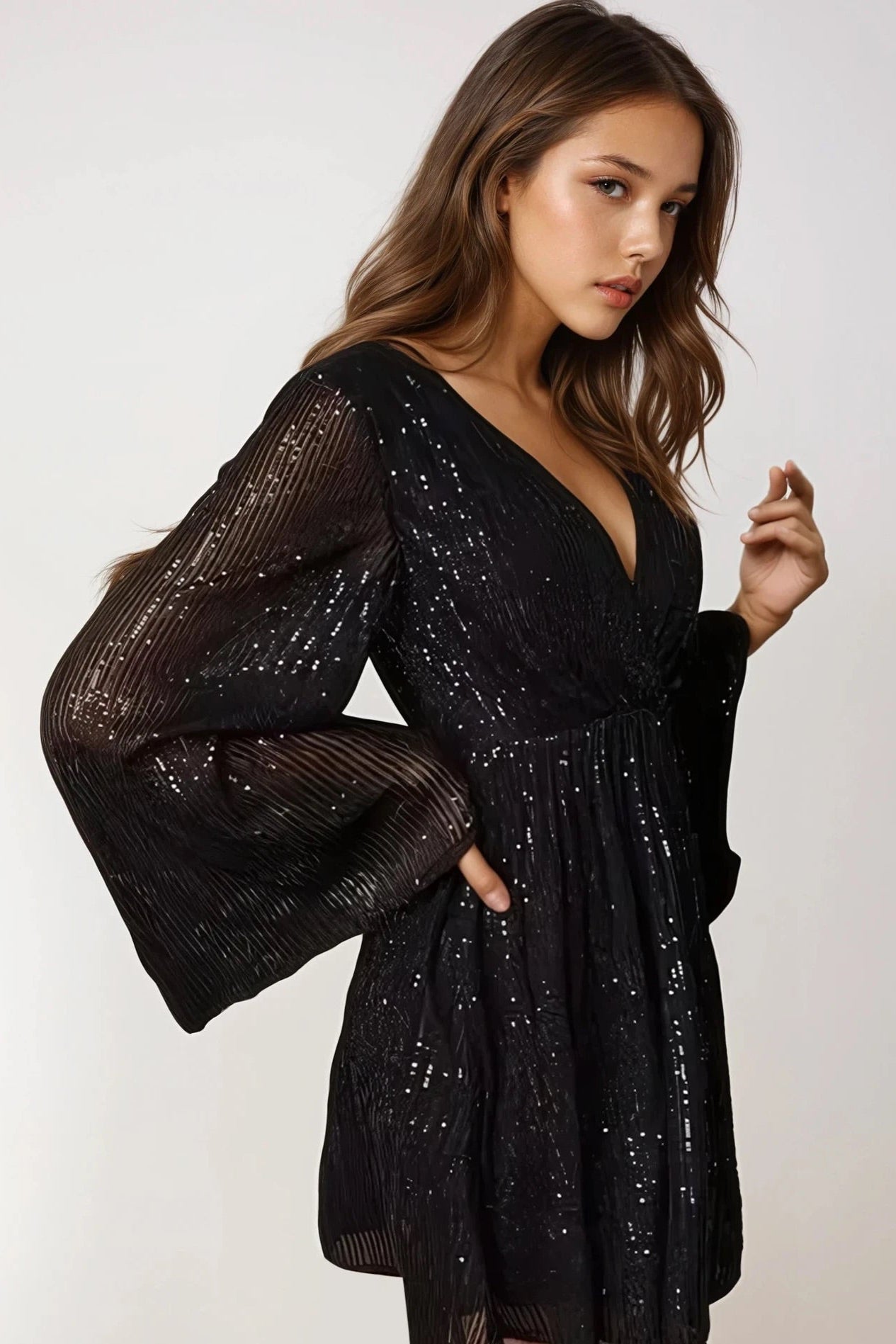 Sequin Surplice Long Sleeve Dress
