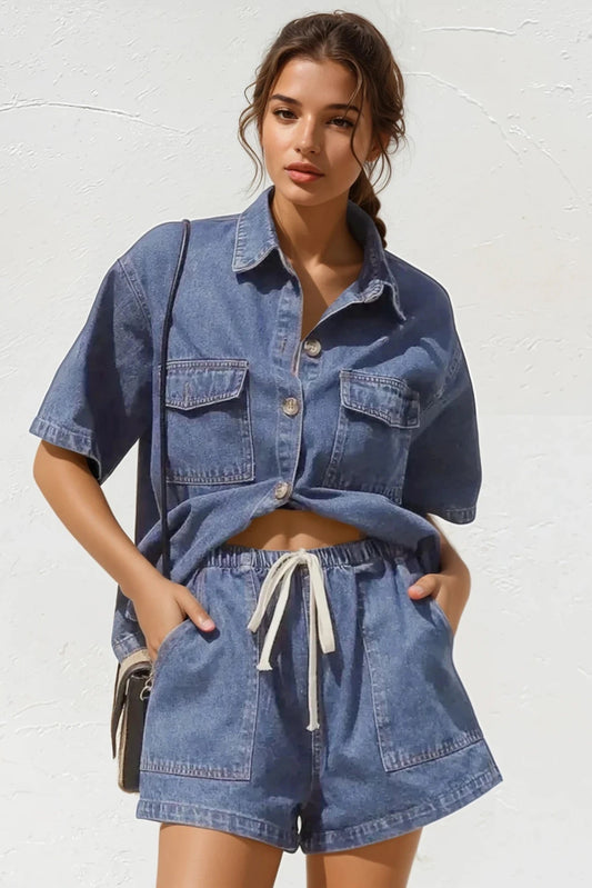 Collared Neck Button Up Top and Shorts Denim Set
