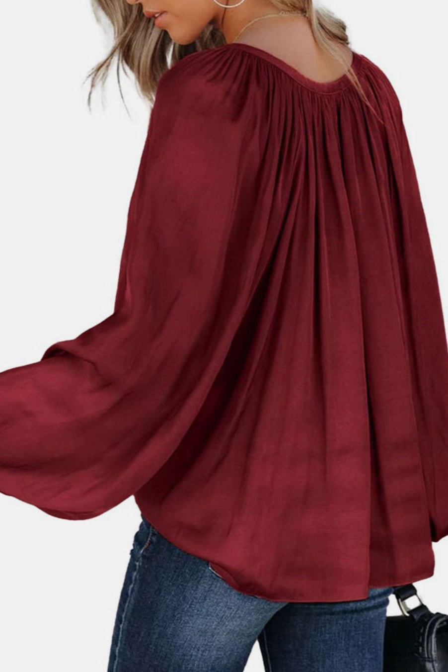 Ruched Tie Neck Balloon Sleeve Blouse