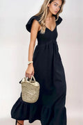 V Neck Ruffled Cap Sleeve Smocked Maxi Dress