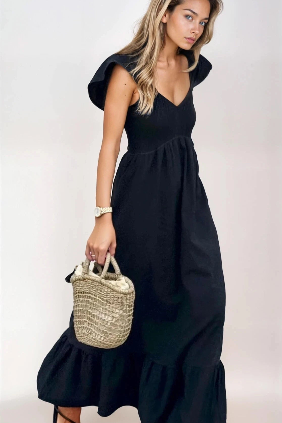 V Neck Ruffled Cap Sleeve Smocked Maxi Dress