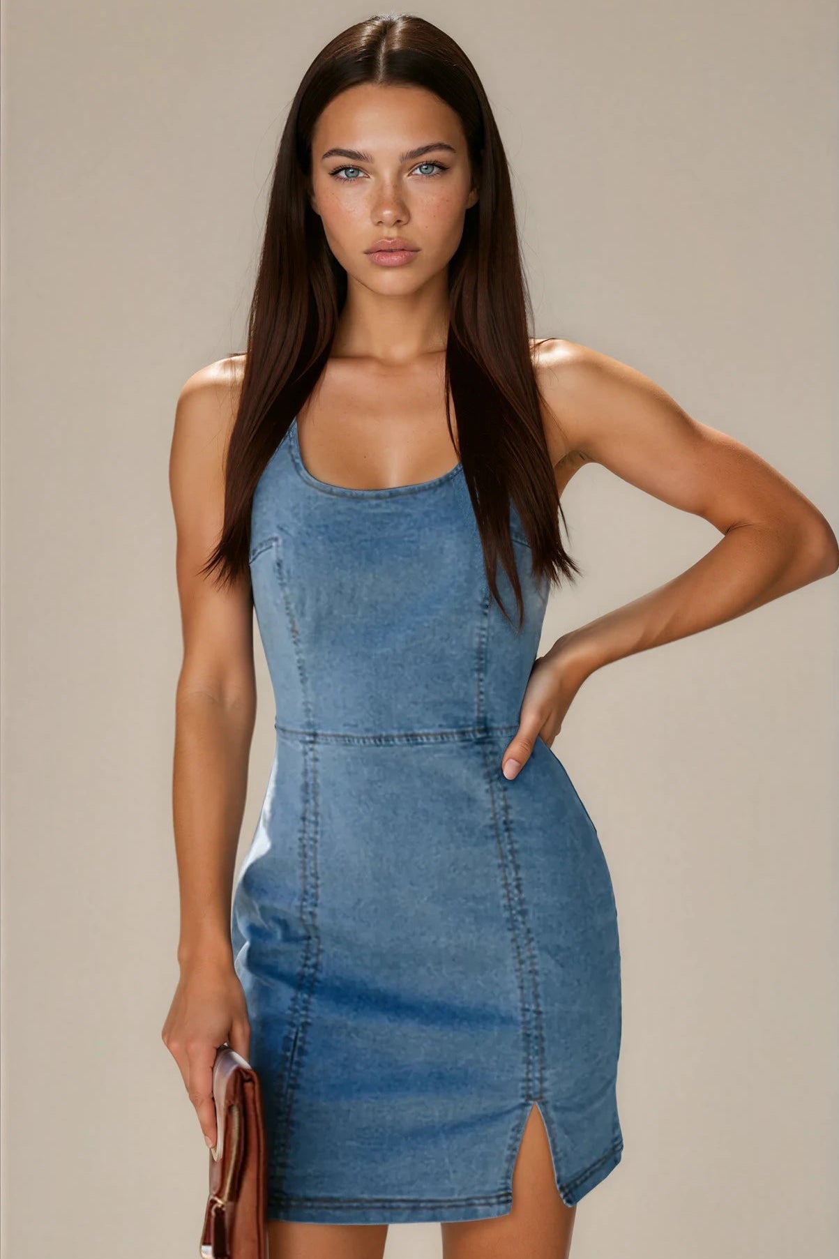 Woman wearing a blue denim dress against a neutral background