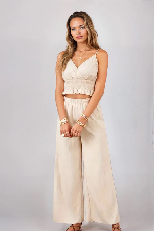 Smocked Surplice Cami and Wide Leg Pants Set