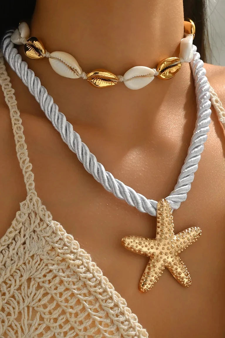 2-Piece 18K Gold-Plated Beaded Shell Starfish Rope Necklace