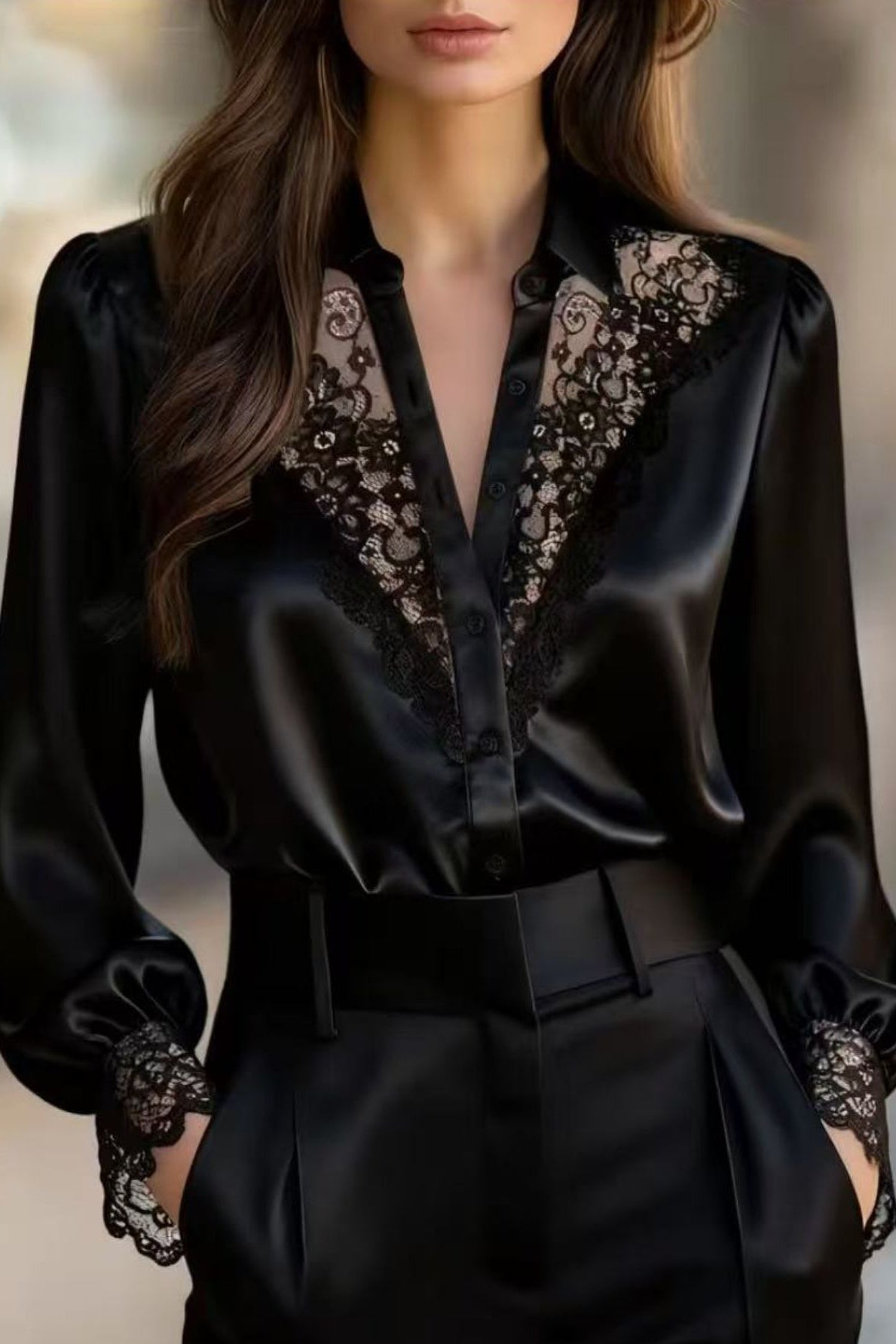 Black satin blouse with lace detailing worn by a person against a blurred background