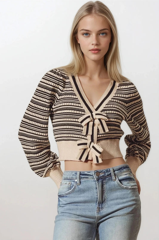 Striped Bow Decor Cropped Cardigan