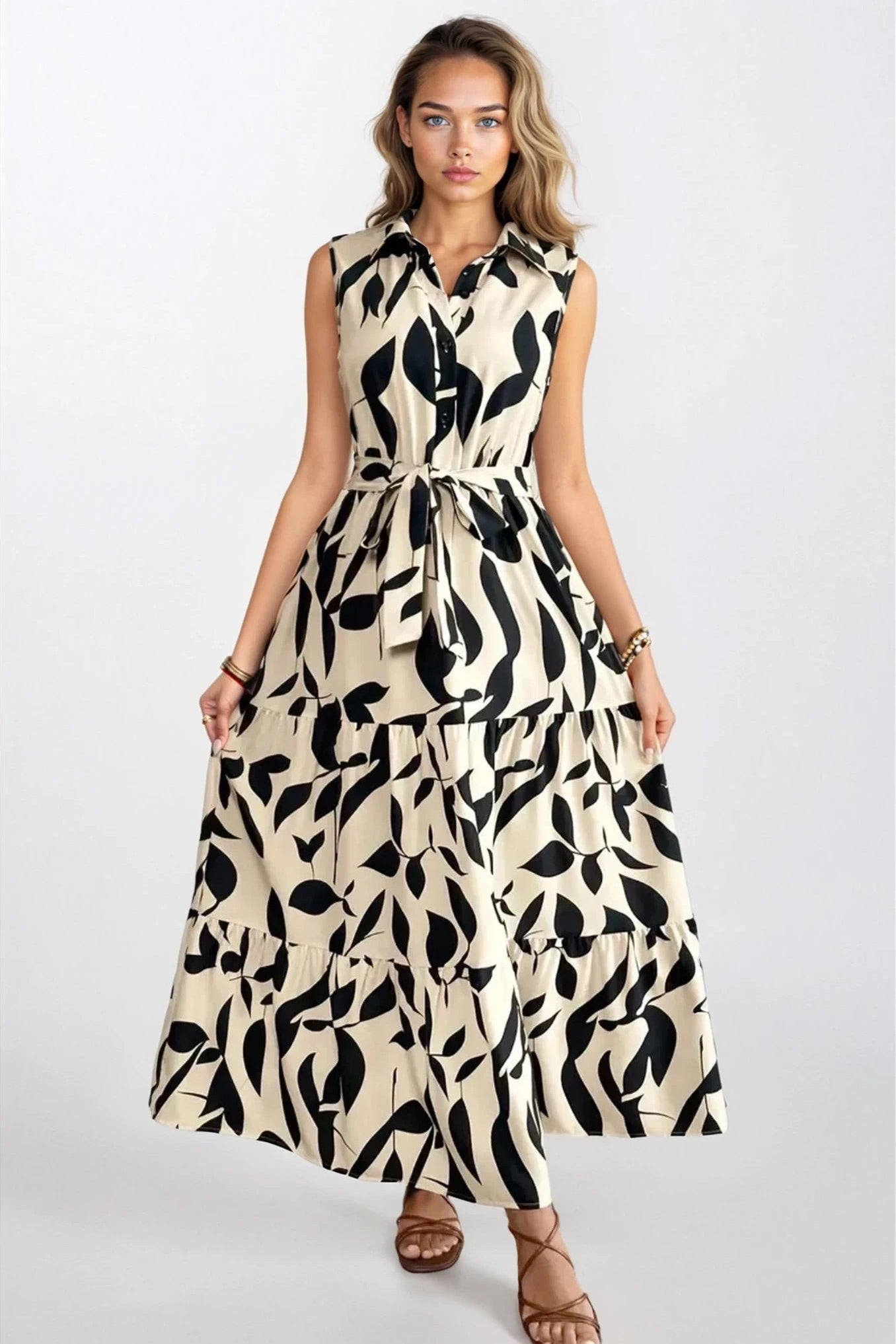Printed Tie Waist Sleeveless Maxi Dress