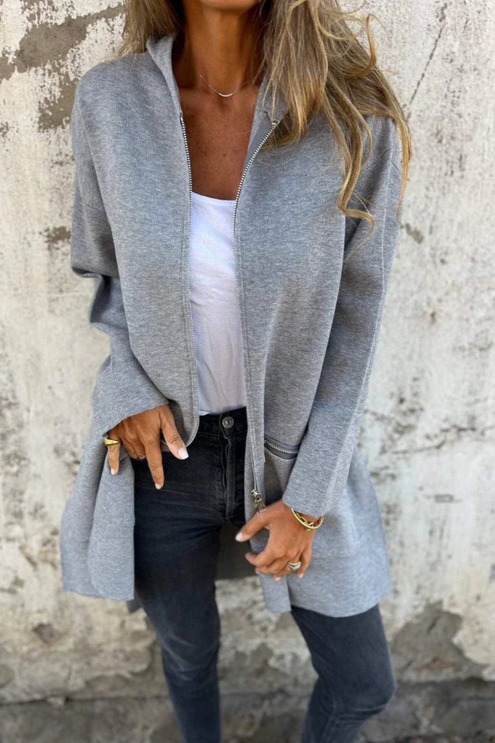 Zip Up Drop Shoulder Longline Hooded Jacket