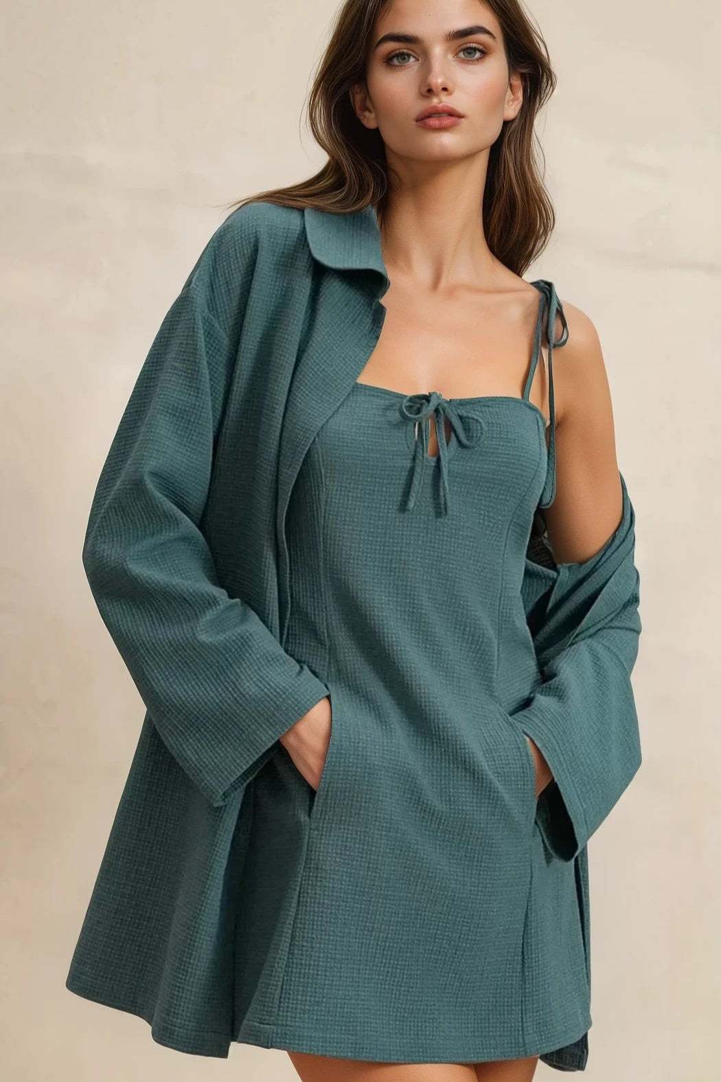 Tie Shoulder Mini Dress and Long Sleeve Top Set