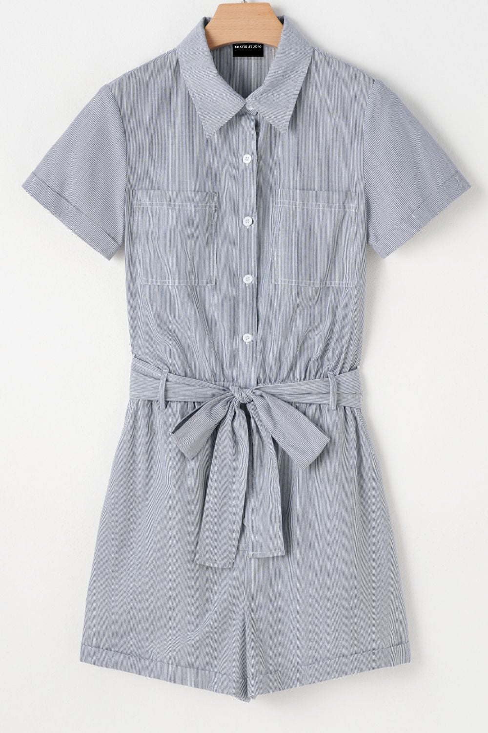 Stripe Chest Pockets Tie Waist Romper