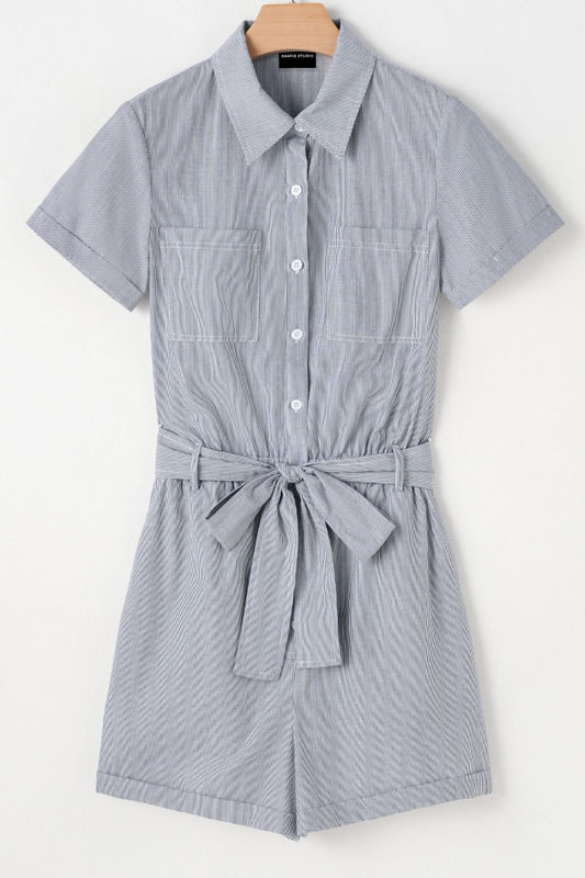 Stripe Chest Pockets Tie Waist Romper