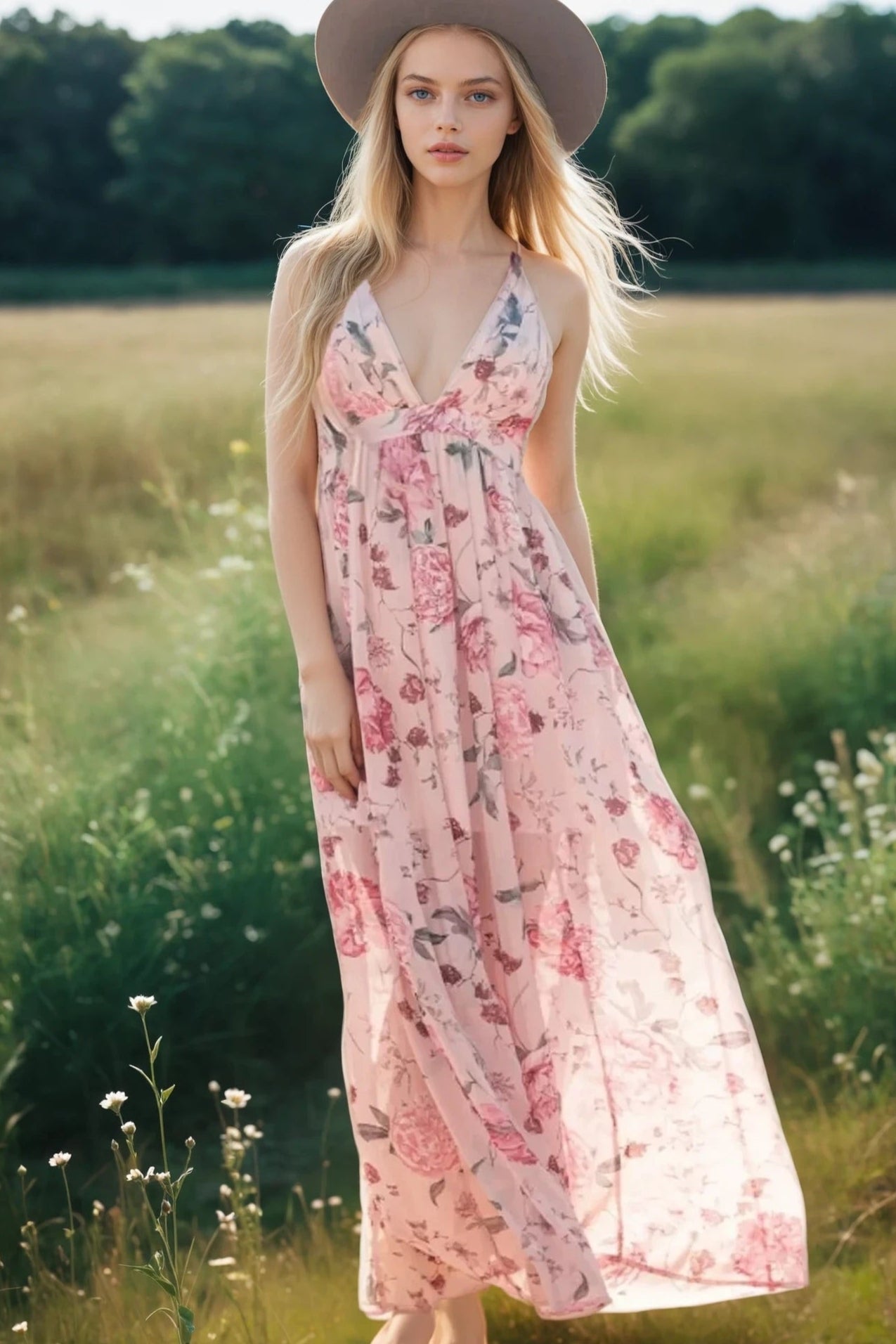 Floral Pleated Deep V Backless Maxi Dress