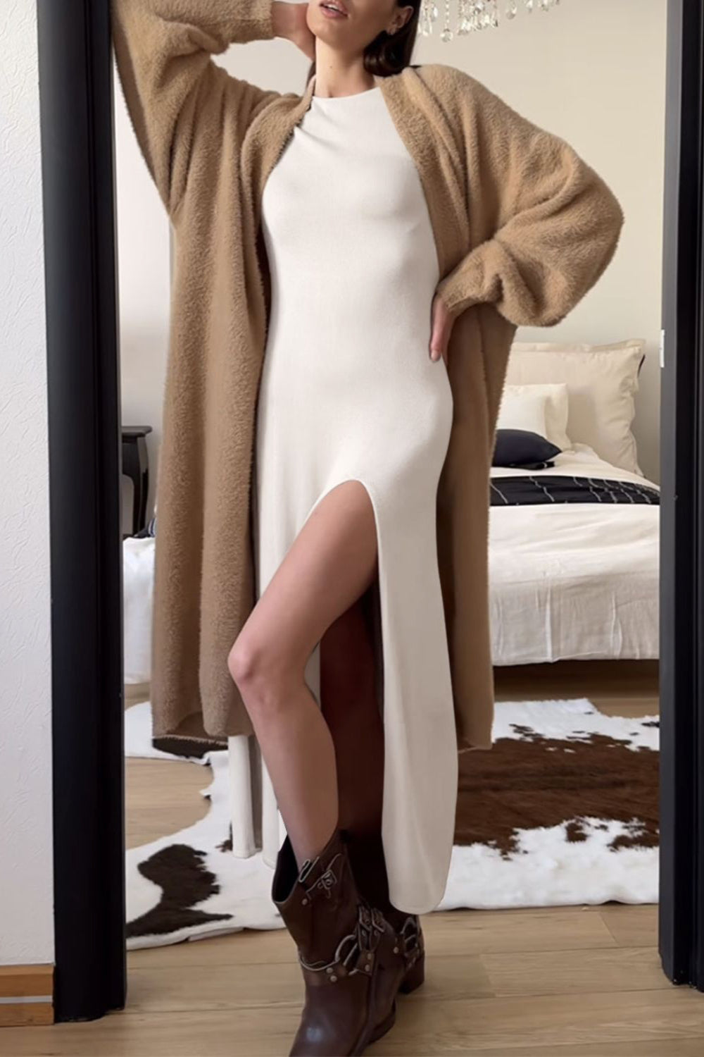 Side Slit Round Neck Long Sleeve Dress