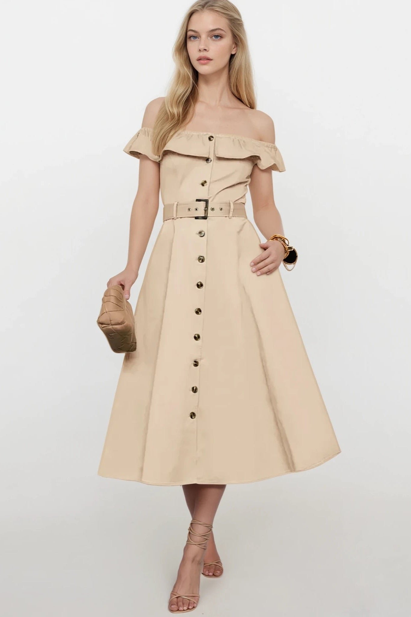 Ruffled Off-Shoulder Midi Dress