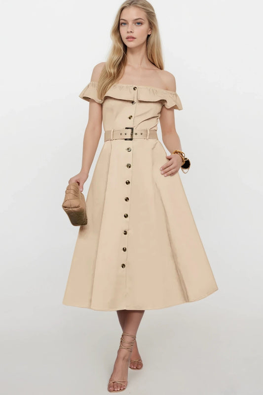 Ruffled Off-Shoulder Midi Dress