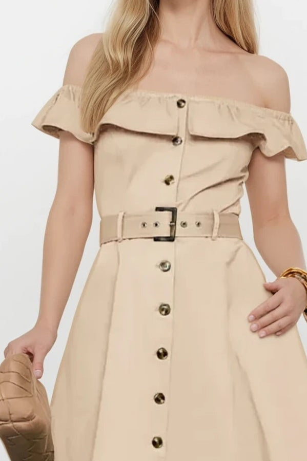 Ruffled Off-Shoulder Midi Dress