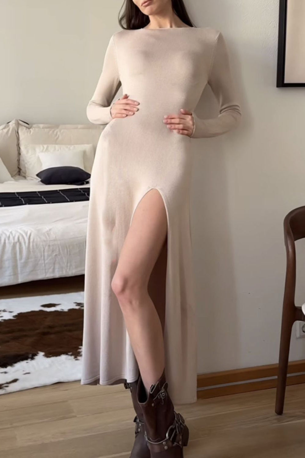 Side Slit Round Neck Long Sleeve Dress