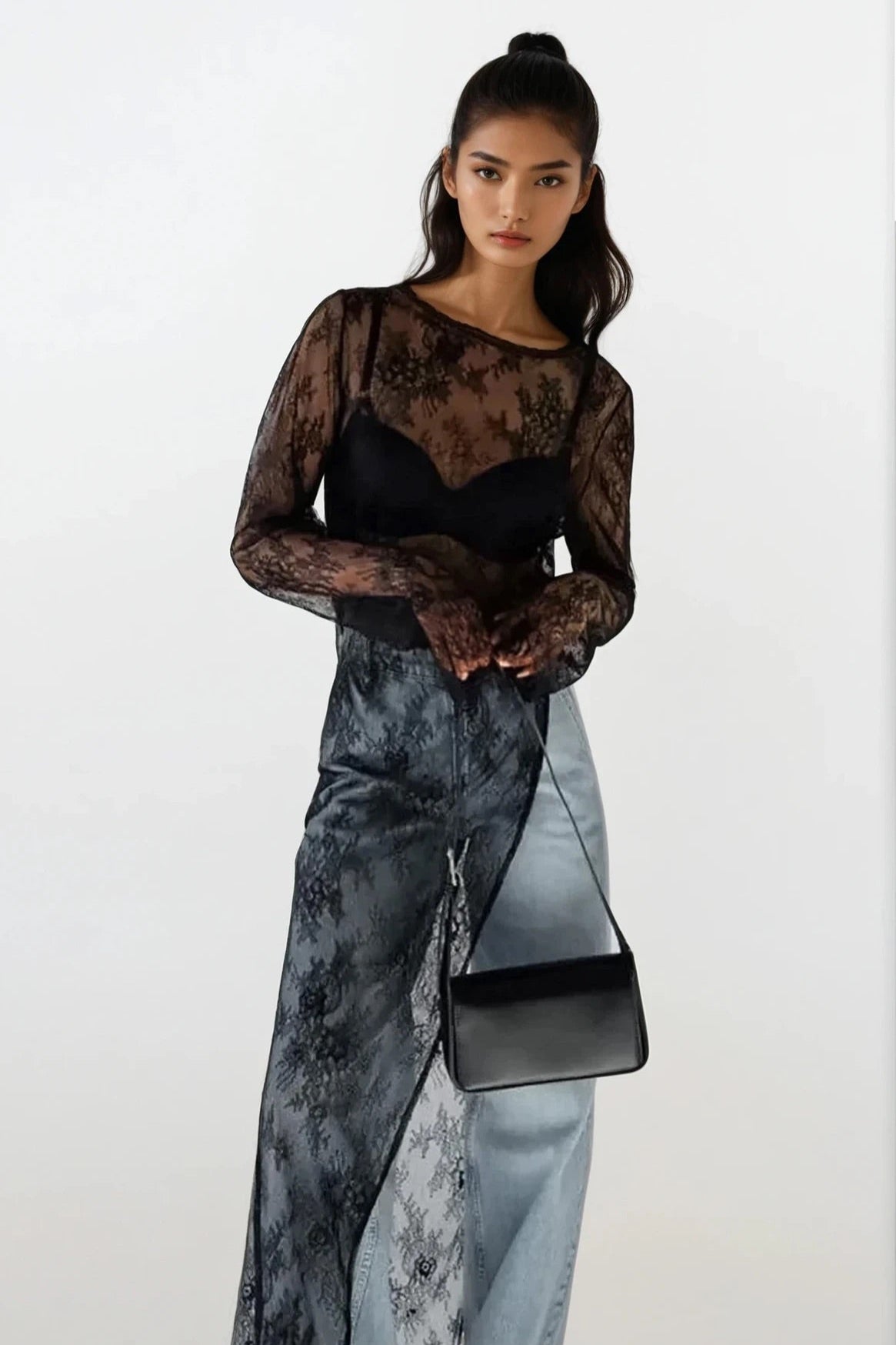 Fringe Round Neck Long Sleeve Lace Sheer Top