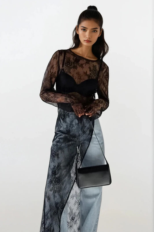 Fringe Round Neck Long Sleeve Lace Sheer Top