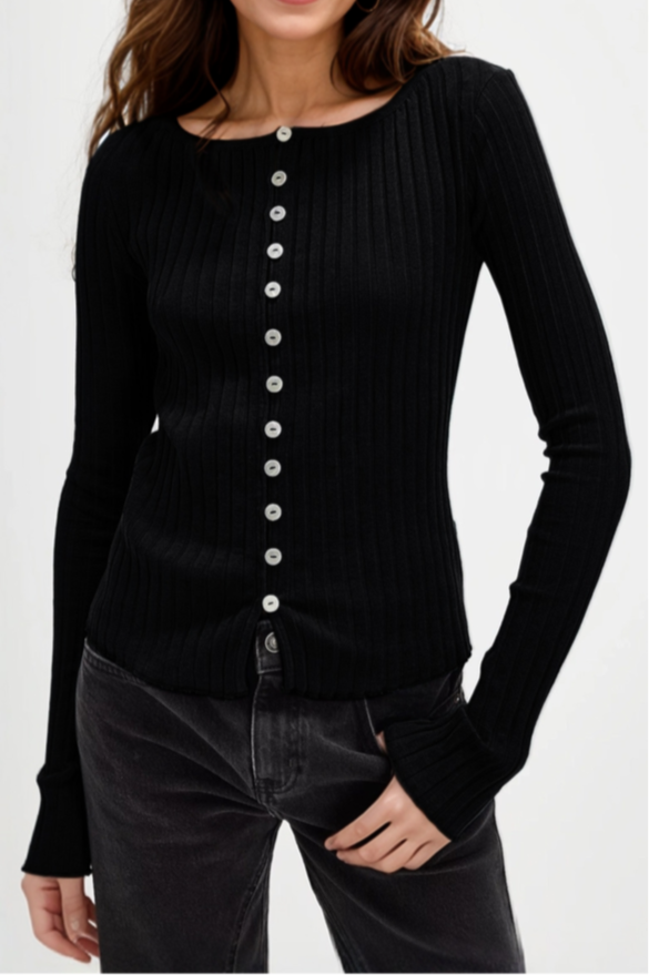 Texture Button Up Round Neck Long Sleeve Top