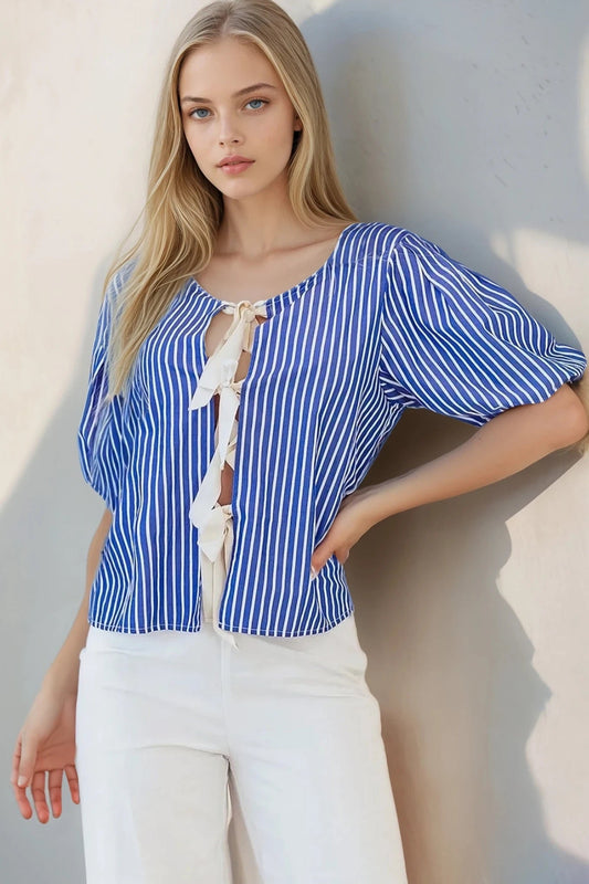 Stripe Tied Front Puff Short Sleeve Top