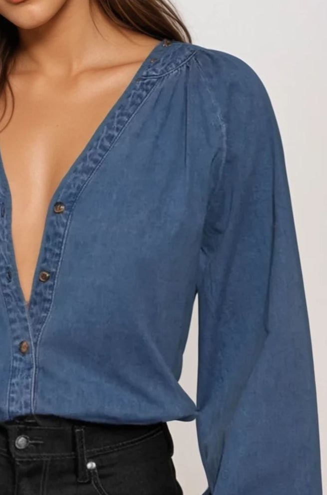 Plunge Button Up Long Sleeve Denim Top