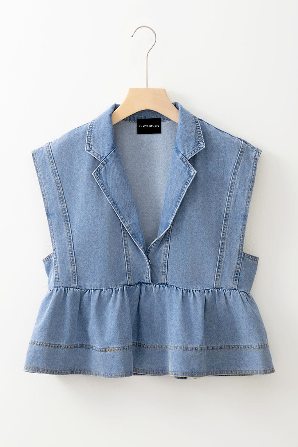 Lapel Collar Peplum Denim Top