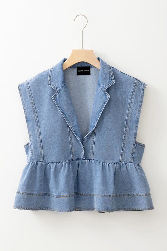 Lapel Collar Peplum Denim Top
