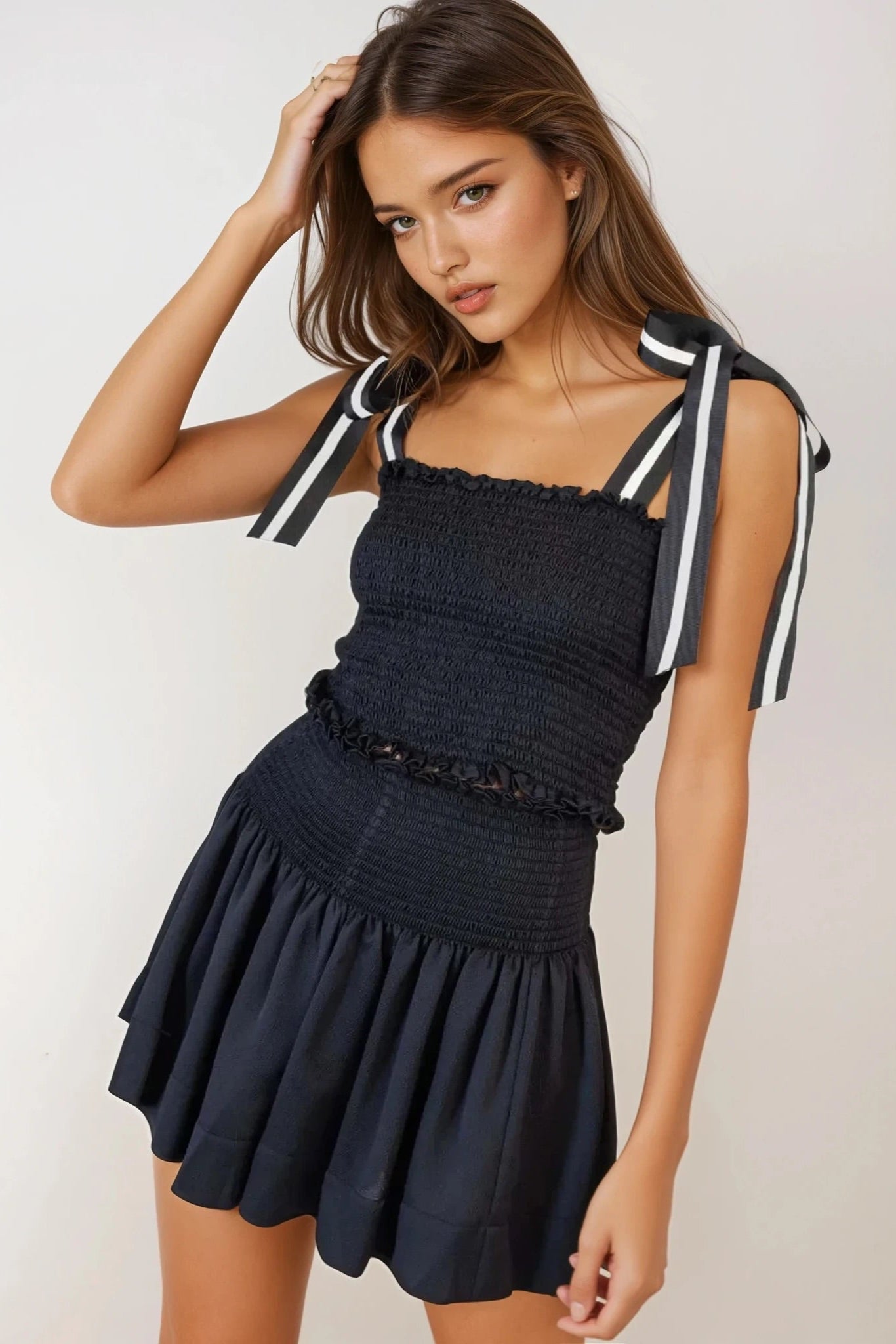 Smocked Tie Shoulder Top and Mini Skirt Set