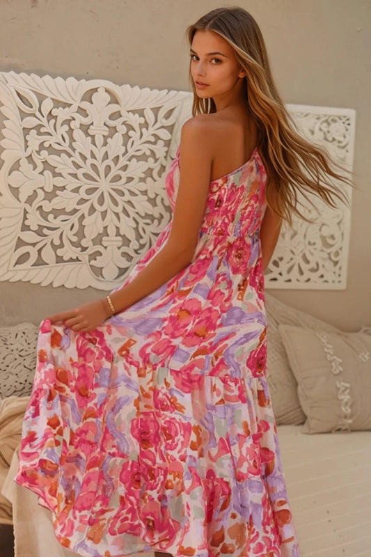Floral Print Shirred One Shoulder Maxi Dress