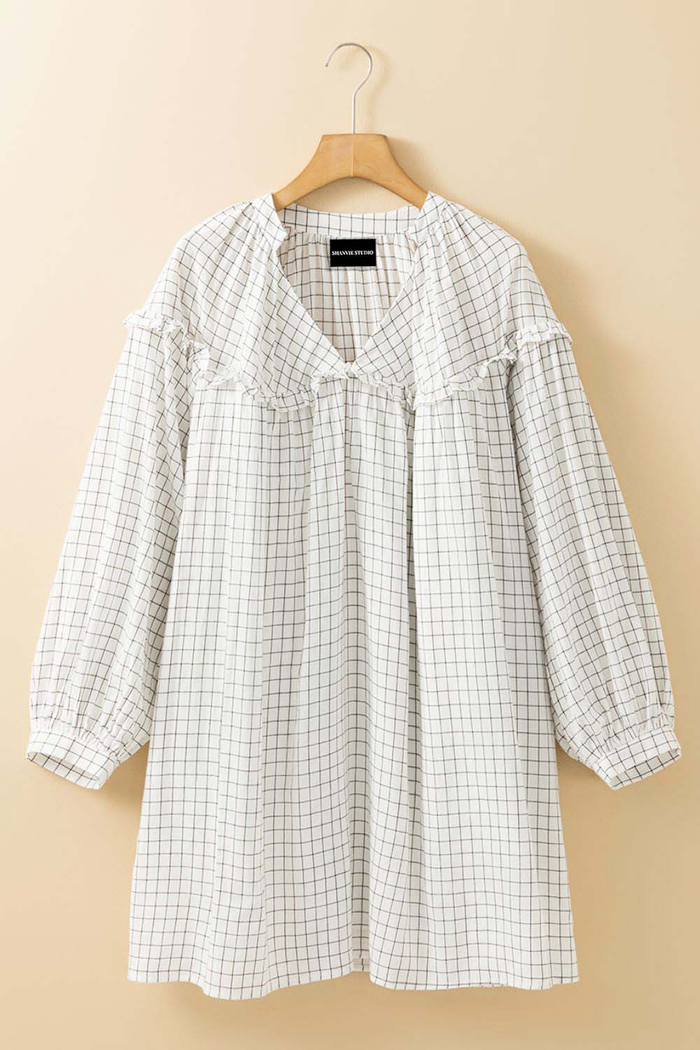 Frill Plaid Notched Balloon Sleeve Mini Dress