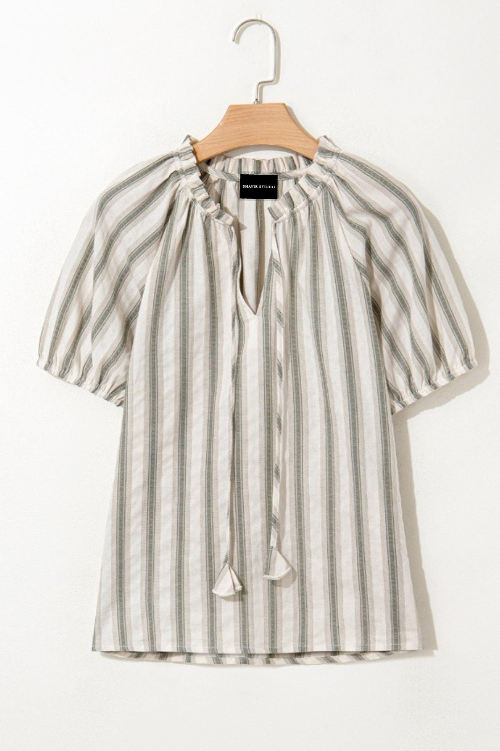 Stripe Frilled Tie Neck Short Sleeve Blouse