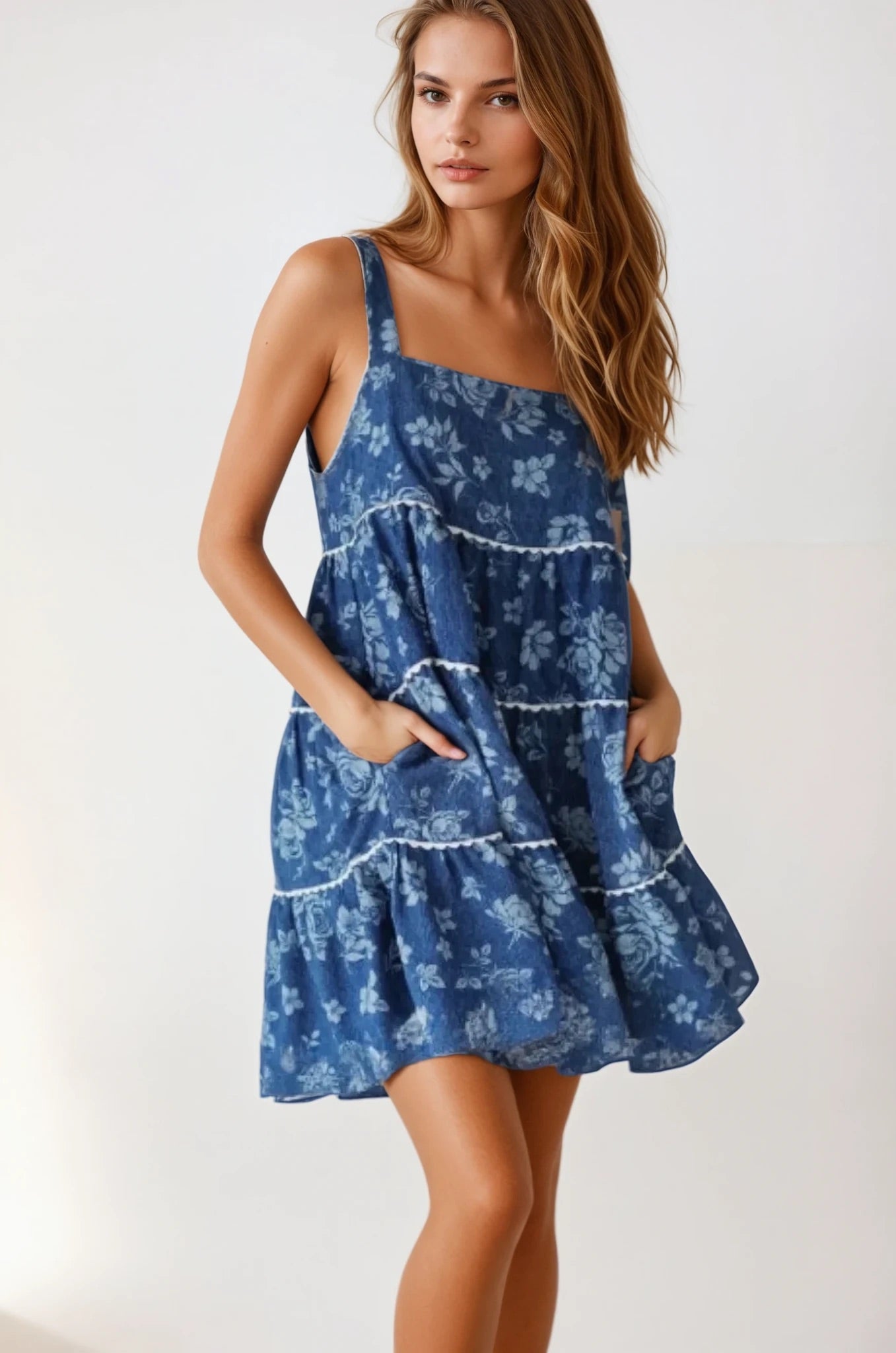 Floral Tiered Square Neck Denim Dress
