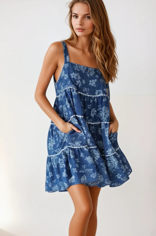 Floral Tiered Square Neck Denim Dress