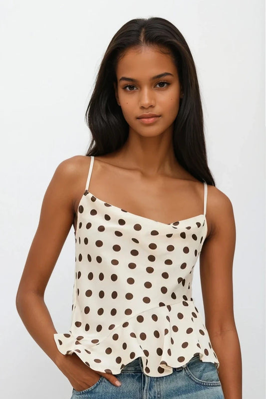 Crisscross Ruffled Hem Polka Dot Cami