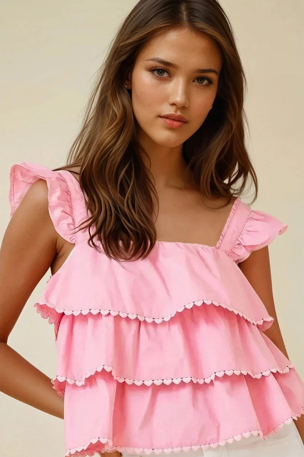 Tiered Heart Trim Square Neck Top