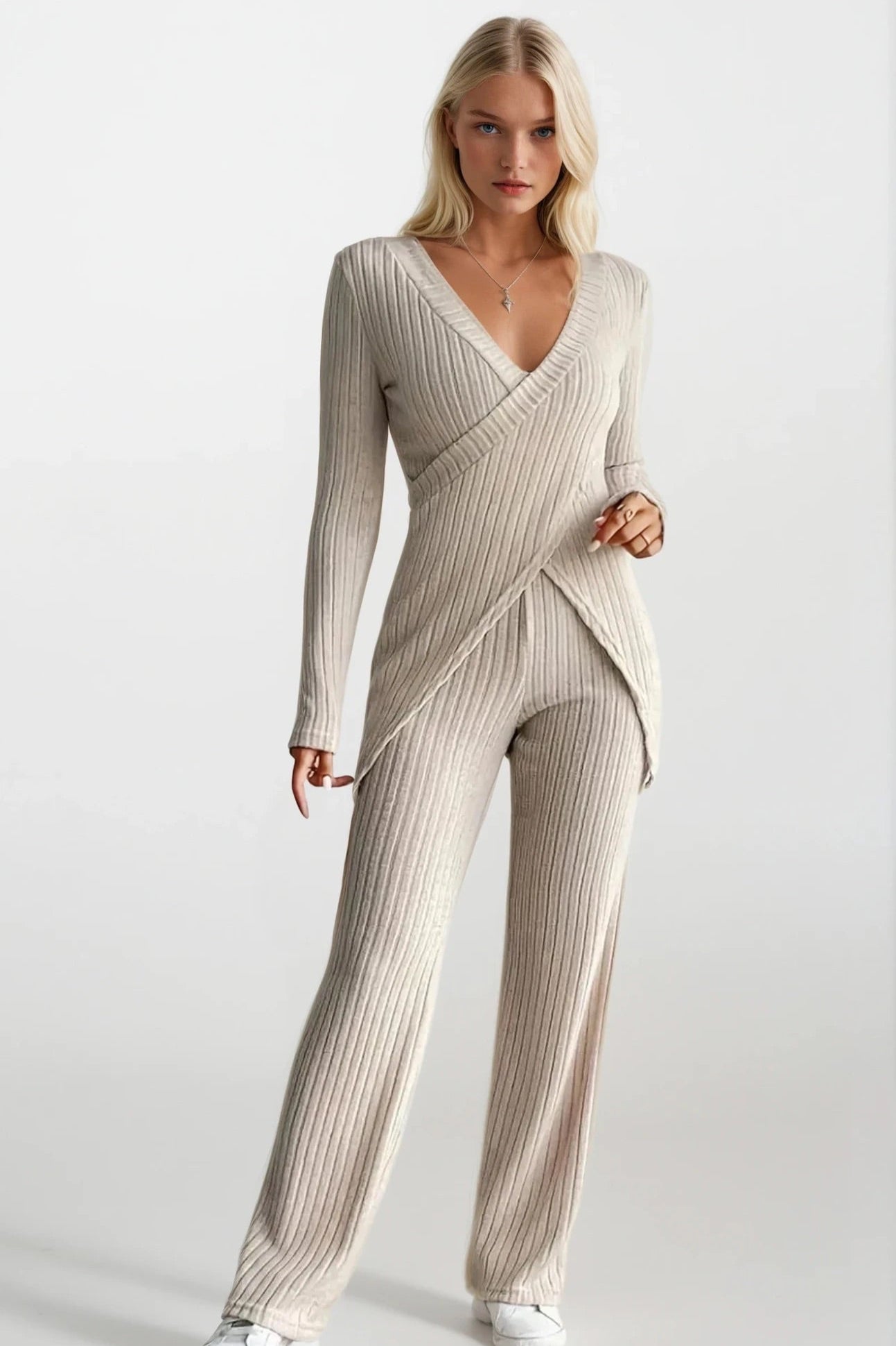 Surplice Long Sleeve Top and Pants Set