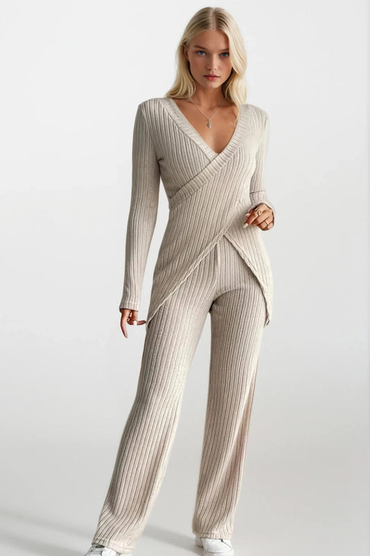 Surplice Long Sleeve Top and Pants Set